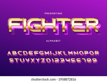 Fighter font. 3d bold gold metal fighting game style. Arcade Game title text effect font alphabet