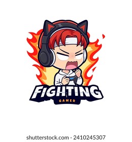 Fighter gamer boy esport mascot logo, gaming streamer cartoon vector