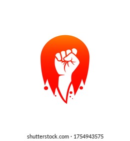 Logo del vector de revolución de puño de mano de combate dentro de la placa de bola de fuego de llama icono