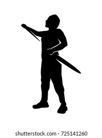 fighter holds sword silhouette, silhouette design, isolated on white background.