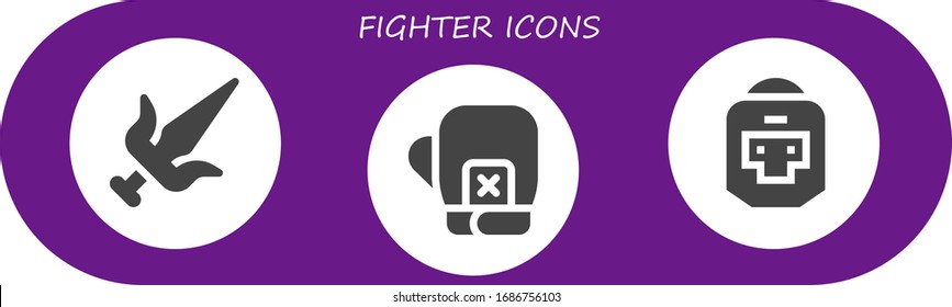 fighter icon set. 3 filled fighter icons. Included Martial arts, Boxing gloves, Boxer icons