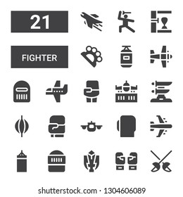 fighter icon set. Collection of 21 filled fighter icons included Fencing, Boxing gloves, Fighting game, Warrior, Punching bag, Airplane, Katana, Boxing, Brass knuckles, Martial arts