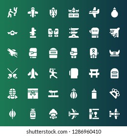fighter icon set. Collection of 36 filled fighter icons included Airplane, Punching bag, Firefighter, Brass knuckles, Katana, Martial arts, Kendo, Warrior, Boxing gloves, Fencing