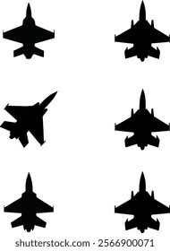 Fighter icons set. Military aircraft silhouettes. Vector illustration.