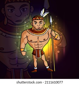 El luchador del indio americano con el diseño del logo del apoyo de lanzas