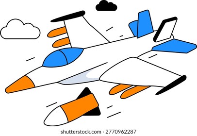 A fighter jet with an airborne missile flying through clouds. This graphic represents military air superiority and tactical defense operations in modern warfare.