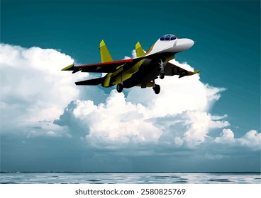 Fighter jet aircraft flying over white clouds and green forest, demonstrating military air power