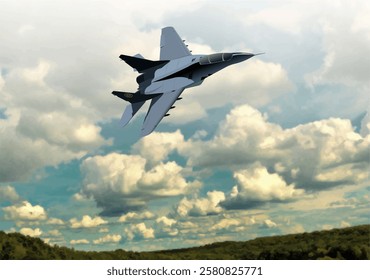 Fighter jet aircraft flying over white clouds and green forest, demonstrating military air power