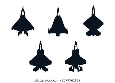 Fighter jet aircraft silhouette icon set, top view, vector logo illustration