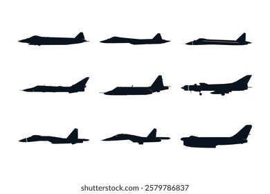 Fighter jet aircraft silhouette icon set, side view, vector logo illustration