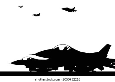 Fighter jet aircraft silhouette vector on white background, military vehicle technology, air force weapon in black and white.