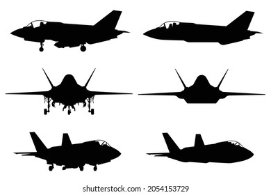 Fighter jet aircraft silhouette vector on white background, military vehicle technology, set of air force weapon in black and white.