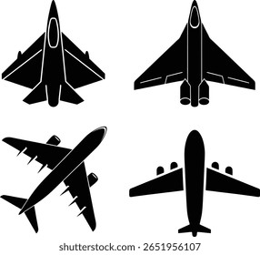 
Jato de Caça e Silhuetas de Aeronaves. Aviões militares e comerciais.
