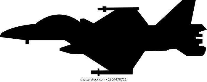 Fighter jet airplane aircraft aviation icon in black flat style featuring plane, jet, flight, warplane synonym elements for military, airforce and transport design use
