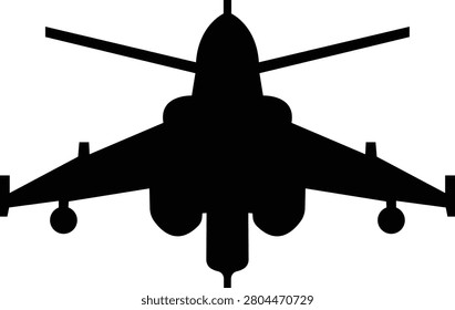 Fighter jet airplane aircraft aviation icon in black flat style featuring plane, jet, flight, warplane synonym elements for military, airforce and transport design use