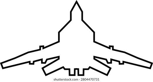 Fighter jet airplane aircraft aviation icon in black line style featuring plane, jet, flight, warplane synonym elements for military, airforce and transport design use
