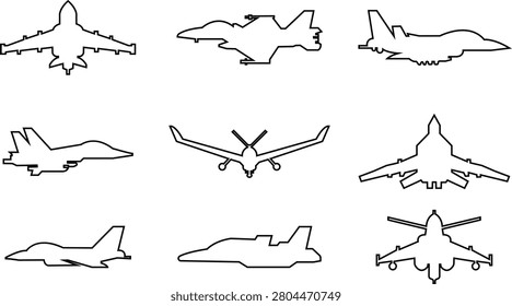 Fighter jet airplane aircraft aviation icon set collection group in black line style featuring plane, jet, flight, warplane synonym elements for military, airforce and transport design use