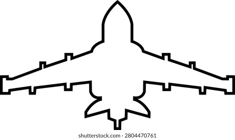 Fighter jet airplane aircraft aviation icon in black line style featuring plane, jet, flight, warplane synonym elements for military, airforce and transport design use