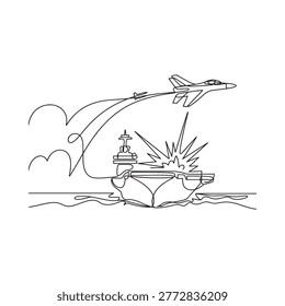 fighter jet attacking battleship with continuous line art