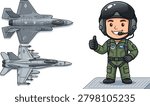 Fighter jet collection, military pilot cartoon character, air force aircraft illustration, aviation emblem logo, thumbs up aviator icon, supersonic airplane design element