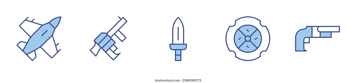 fighter jet, grenade launcher, knife, shield, shotgun. War Icon vector illustration. Line Duotone style. Editable stroke.