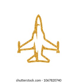 Fighter jet icon in gold glitter texture. Sparkle luxury style vector illustration.