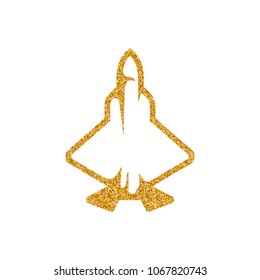 Fighter jet icon in gold glitter texture. Sparkle luxury style vector illustration.