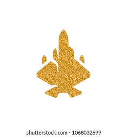 Fighter jet icon in gold glitter texture. Sparkle luxury style vector illustration.
