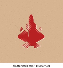 Fighter jet icon in halftone style. Grunge background vector illustration.