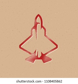 Fighter jet icon in halftone style. Grunge background vector illustration.