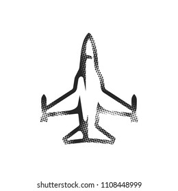 Fighter jet icon in halftone style. Black and white monochrome vector illustration.