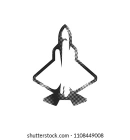 Fighter jet icon in halftone style. Black and white monochrome vector illustration.
