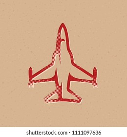 Fighter jet icon in halftone style. Grunge background vector illustration.