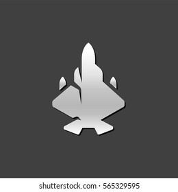 Fighter jet icon in metallic grey color style. Aircraft military attack