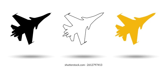 Fighter jet icon. Fighter jet icon on a white background, isolated. The icon has three uses in applications and websites. Vector illustration. Fighter jet icon on a white background.