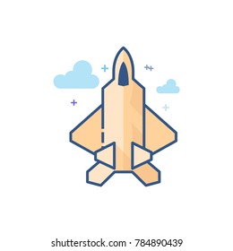 Fighter jet icon in outlined flat color style. Vector illustration.