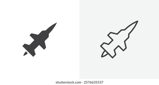 Fighter jet icon set in black flat solid and outlined style.