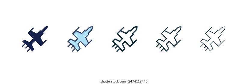 Fighter jet icon set. military supersonic war plane vector symbol. defense warplane. air force aircraft sign in black filled and outlined style.