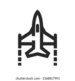 Fighter jet icon in thick outline style. Black and white monochrome vector illustration.