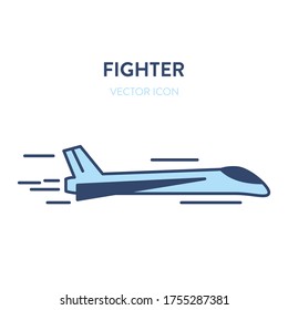 Fighter jet icon. Vector flat outline illustration of a small and fast military jet fighter flying. Represents a concept of modern aicraft, supersonic speed, reactive plane and military aviation