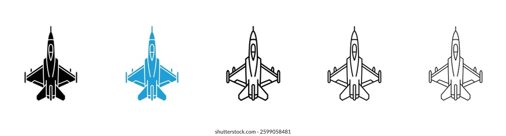 Fighter jet icons vector illustrations in black and blue colors for web and ui designs