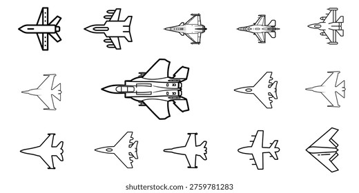 Fighter Jet Line Art Collection, Minimalist Aircraft Outline Icons, Military Aviation Vector Set, Thin Line Combat Plane Illustration for Technical Design.