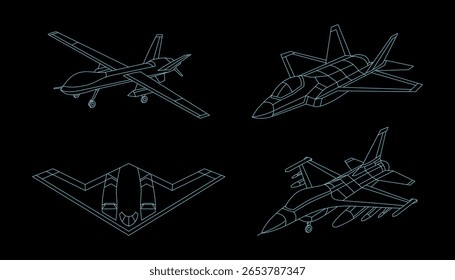 Fighter Jet Linha Desenho Vetor no fundo preto