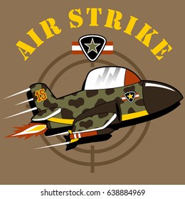 Fighter jet with military logo, vector cartoon illustration