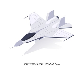 Avión de combate sobre fondo blanco, representado en estilo gráfico plano, simbolizando la aviación militar. Ilustración vectorial isométrica