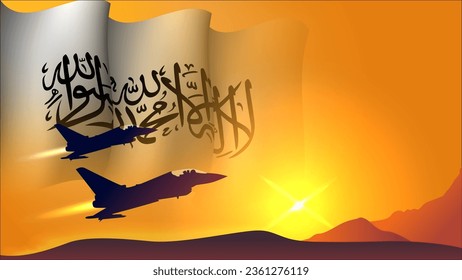 fighter jet plane with afghanistan waving flag background design with sunset view suitable for national afghanistan air forces day event vector illustration