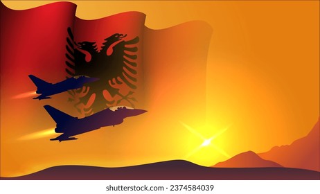 fighter jet plane with albania waving flag background design with sunset view suitable for national albania air forces day event  vector illustration