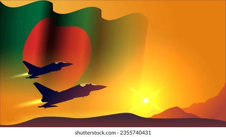 fighter jet plane with bangladesh waving flag background design with sunset view suitable for national bangladesh air forces day event template design vector illustration