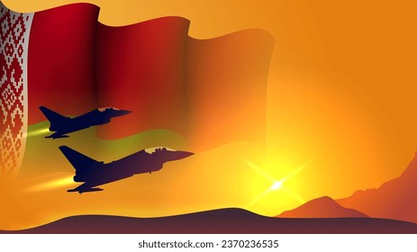 fighter jet plane with belarus waving flag background design with sunset view suitable for national belarus air forces day event vector illustration