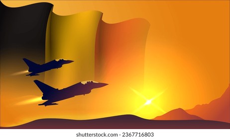 fighter jet plane with belgium waving flag background design with sunset view suitable for national belgium air forces day event vector illustration